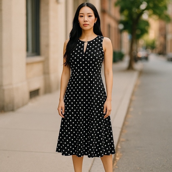 Liz Claiborne Dresses & Skirts - LIZ CLAIBORNE Women's size 10 Black White Polka dot Sleeveless A-Line Midi Dress